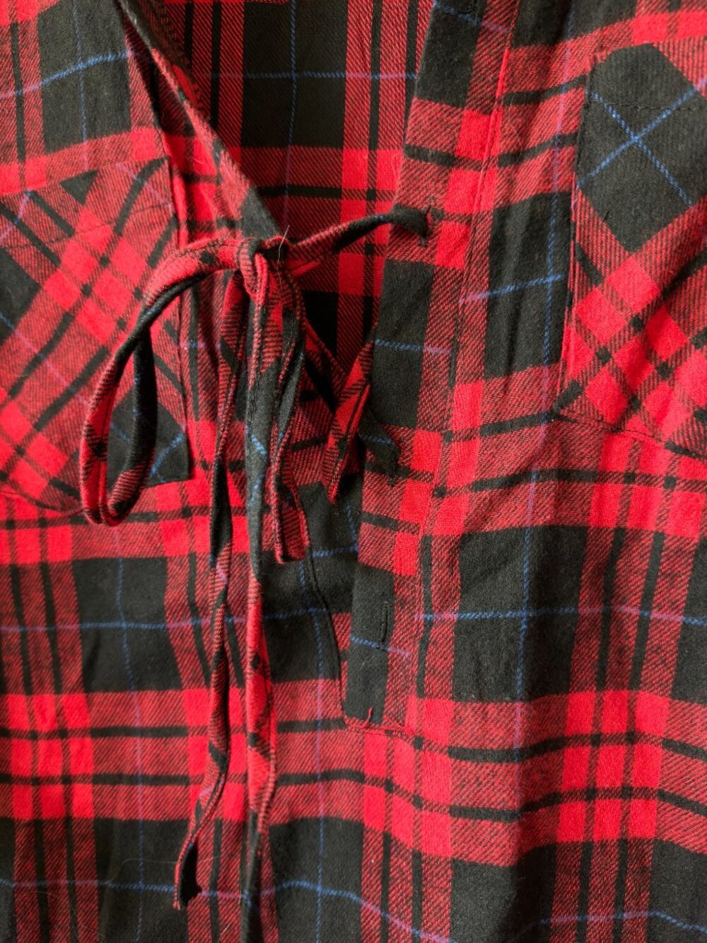 CBR Red Black Plaid Lace Up Tunic Top Roll Tab Sleeves.    (D) - Picture 3 of 5